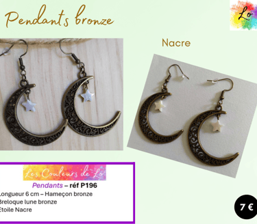 Boucles pendants bronze lune métal étoile Nacre Les Couleurs de Lo