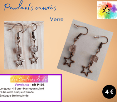 Boucles pendants cuivrés verre craquelé fumée étoile acier Les Couleurs de Lo