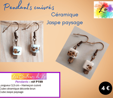 Boucles pendants cuivrés céramique décorée Jaspe paysage Les Couleurs de Lo
