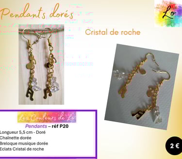 Boucles pendants dorés Cristal de roche breloques métal musique Les Couleurs de Lo