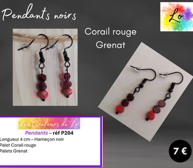 Boucles pendants noirs Grenat Corail rouge Les Couleurs de Lo