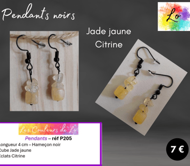 Boucles pendants noirs Jade jaune Citrine Les Couleurs de Lo