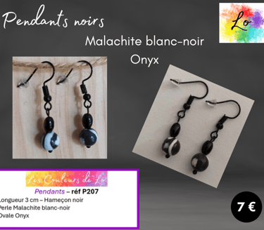 Boucles pendants noirs Onyx Malachite noir-blanc Les Couleurs de Lo