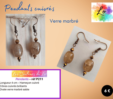 Boucles pendants cuivrés verre marbré sable perles acier Les Couleurs de Lo