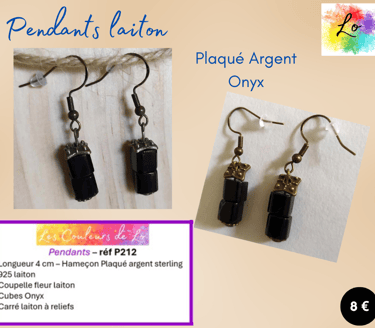 Boucles pendants laiton Plaqué argent Onyx Les Couleurs de Lo