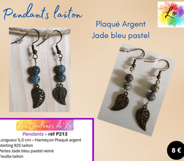 Boucles pendants laiton Plaqué argent Jade bleu pastel feuille métal Les Couleurs de Lo