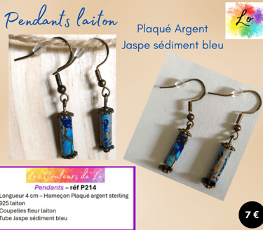 Boucles pendants laiton Plaqué argent Jaspe sédiment bleu Les couleurs de Lo