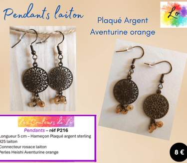 Boucles pendants laiton Plaqué argent rosace métal Aventurine orange Les Couleurs de Lo