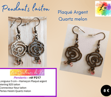 Boucles pendants laiton Plaqué argent fleur métal Quartz melon Les Couleurs de Lo