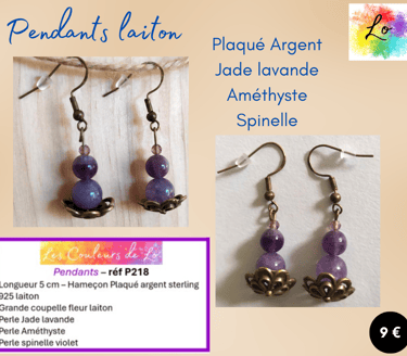 Boucles pendants laiton Plaqué argent Jade lavande Améthyste Spinelle Les Couleurs de Lo