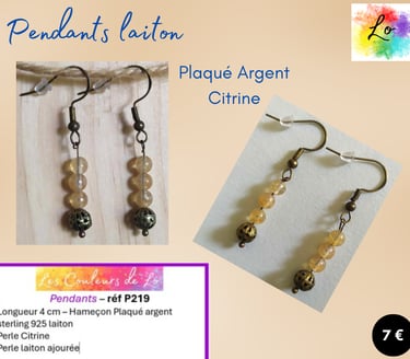 Boucles pendants laiton Plaqué argent Citrine perle ajourée laiton Les Couleurs de Lo