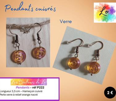 Pendants cuivrés verre orange nacré Les Couleurs de Lo