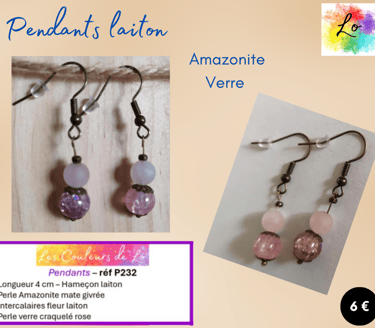 Boucles pendants laiton Amazonite coupelles fleur laiton verre craquelé rose Les Couleurs de Lo
