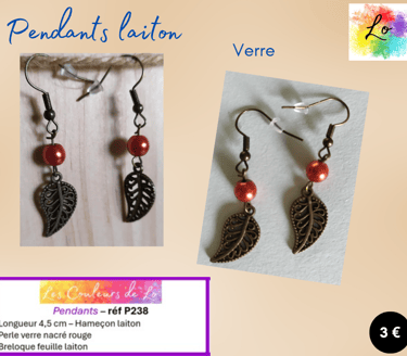 Boucles pendants laiton verre nacré rouge feuille laiton Les Couleurs de Lo