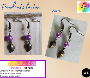 Boucles pendants laiton verre nacré violet feuille laiton Les Couleurs de Lo