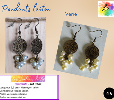 Boucles pendants laiton rosace laiton verre nacré blanc et écru Les Couleurs de Lo