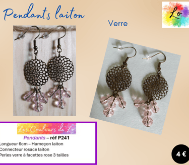 Boucles pendants laiton rosace laiton verre rose à facettes Les Couleurs de Lo