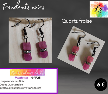 Boucles pendants noirs Quartz fraise strass verre blanc Les Couleurs de Lo