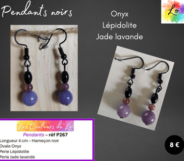 Boucles pendants noirs Onyx Lépidolite Jade lavande Les Couleurs de Lo