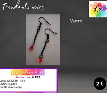 Pendants chaînette noire goutte verre orange Les Couleurs de Lo
