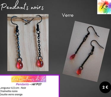 Pendants chaînette noire goutte verre orange Les Couleurs de Lo