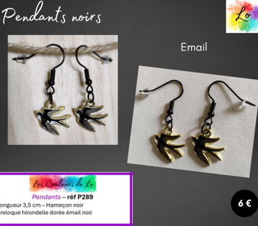 Boucles pendants noirs hirondelle émail noir Les Couleurs de Lo