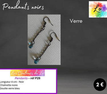 Pendants chaînette noire goutte verre bleu Les Couleurs de Lo