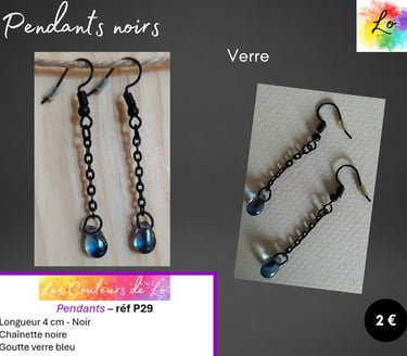 Boucles pendants noirs chaînette verre bleu Les Couleurs de Lo