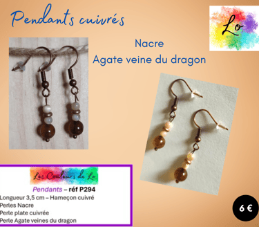Boucles pendants cuivrés Nacre Agate veines du dragon Les Couleurs de Lo