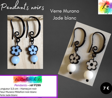Boucles pendants noirs fleur Murano blanche Jade blanc Les Couleurs de Lo