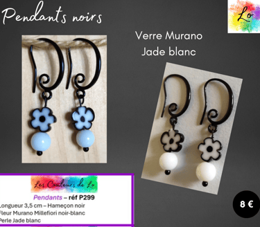 Boucles pendants noirs fleur Murano blanche Jade blanc Les Couleurs de Lo