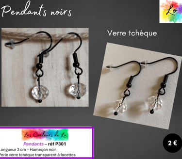 Boucles pendants noirs verre tchèque transparent Les Couleurs de Lo