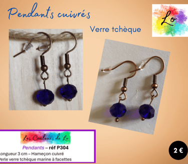 Boucles pendants cuivrés verre tchèque bleu marine Les Couleurs de Lo