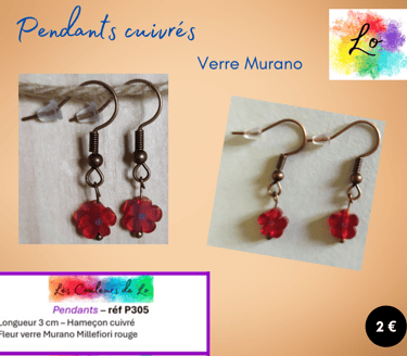 Boucles pendants cuivrés fleur Murano rouge Les Couleurs de Lo