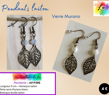 Boucles pendants laiton verre Murano blanc feuille laiton Les Couleurs de Lo