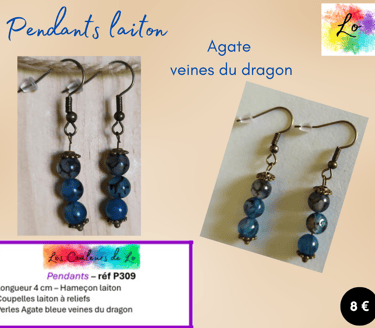 Boucles pendants laiton Agate bleue veines du dragon coupelles laiton Les Couleurs de Lo