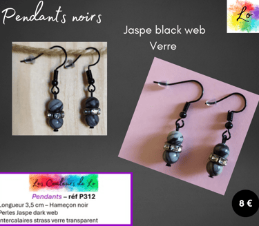 Boucles pendants noirs Jaspe black web strass verre transparent Les Couleurs de Lo