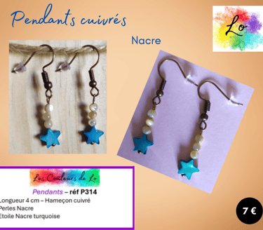 Boucles pendants cuivrés Nacre étoile Nacre turquoise Les Couleurs de Lo