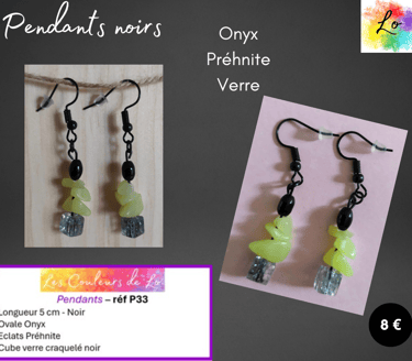 Boucles pendants noirs Onyx Préhnite verre Les Couleurs de Lo