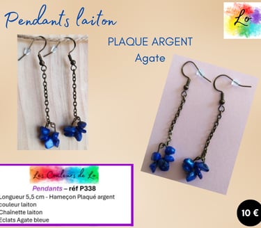 Boucles pendants Plaqué argent laiton chaînette Agate bleue Les Couleurs de Lo