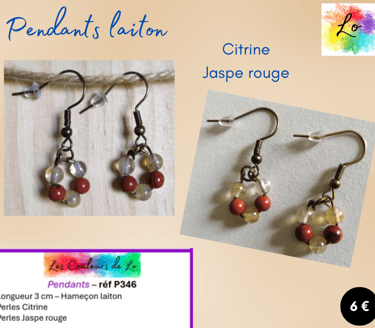 Boucles pendants laiton Citrine Jaspe rouge Les Couleurs de Lo