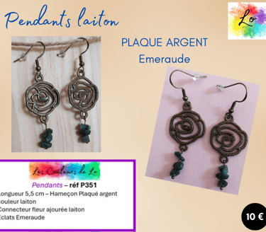 Boucles pendants Plaqué argent laiton fleur ajourée Emeraude Les Couleurs de Lo