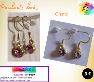 Boucles pendants dorés cristal rose clair Les Couleurs de Lo