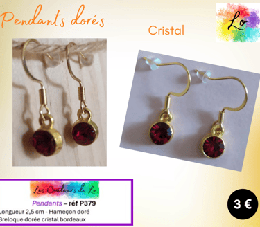 Boucles pendants dorés cristal bordeaux Les Couleurs de Lo