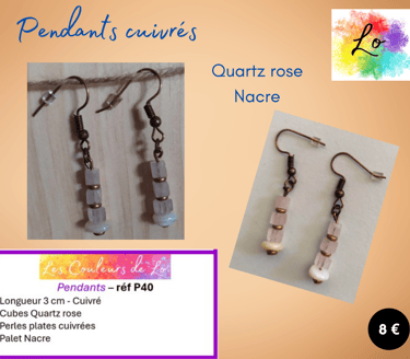 Boucles pendants cuivrés Quartz rose Nacre Les Couleurs de Lo