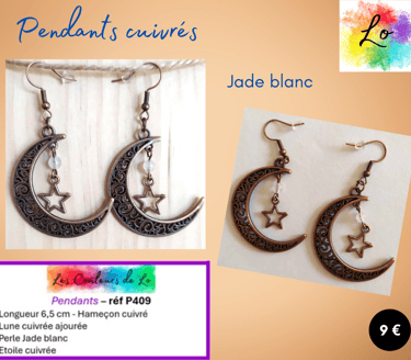 Boucles pendants cuivrés lune étoile cuivrées Jade blanc Les Couleurs de Lo