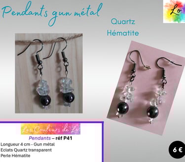 Boucles pendants gun métal Quartz blanc Hématite Les Couleurs de Lo