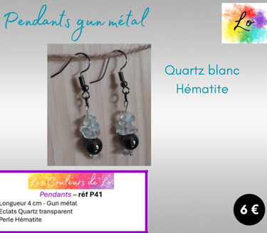 Boucles pendants gun métal Quartz blanc Hématite Les Couleurs de Lo