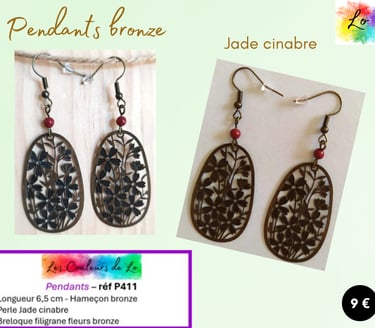 Boucles pendants bronze Jade cinabre filigrane fleurs bronze Les Couleurs de Lo