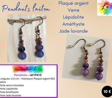 Boucles pendants Plaqué argent laiton Verre Lépidolite Améthyste Jade Les Couleurs de Lo